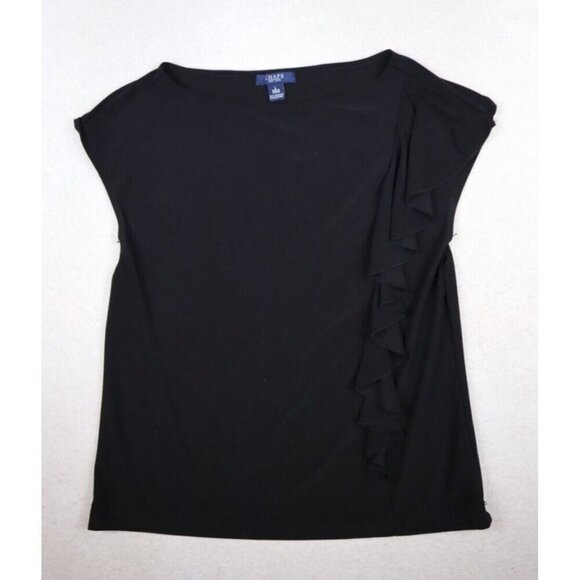CHAPS - WOMEN'S BLACK STRETCH KNIT SHORT SLEEVE RUFFLE TOP - SIZE L - Picture 4 of 8